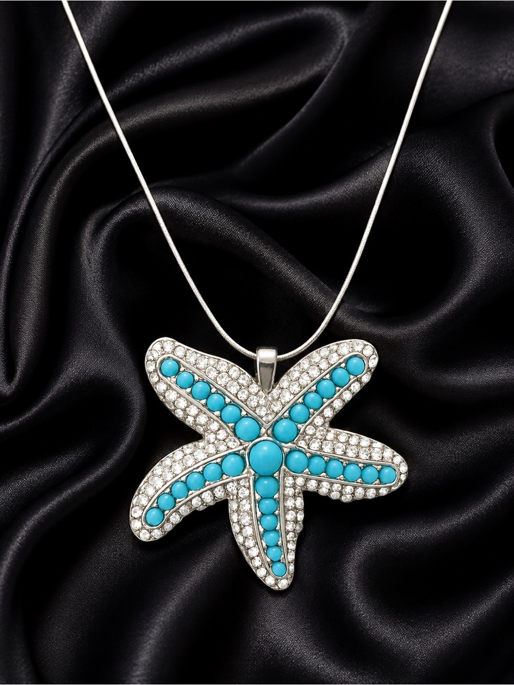 Handmade Turquoise Starfish Necklace Rhinestone Statement Silver Chain OOAK